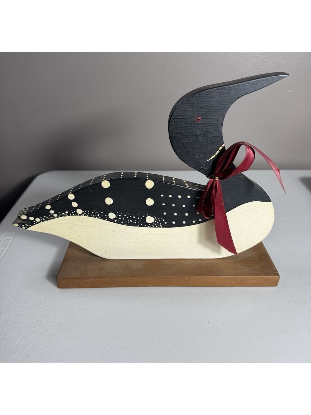 Vintage Wooden Loon Duck Folk Art Figurine on Wood Base